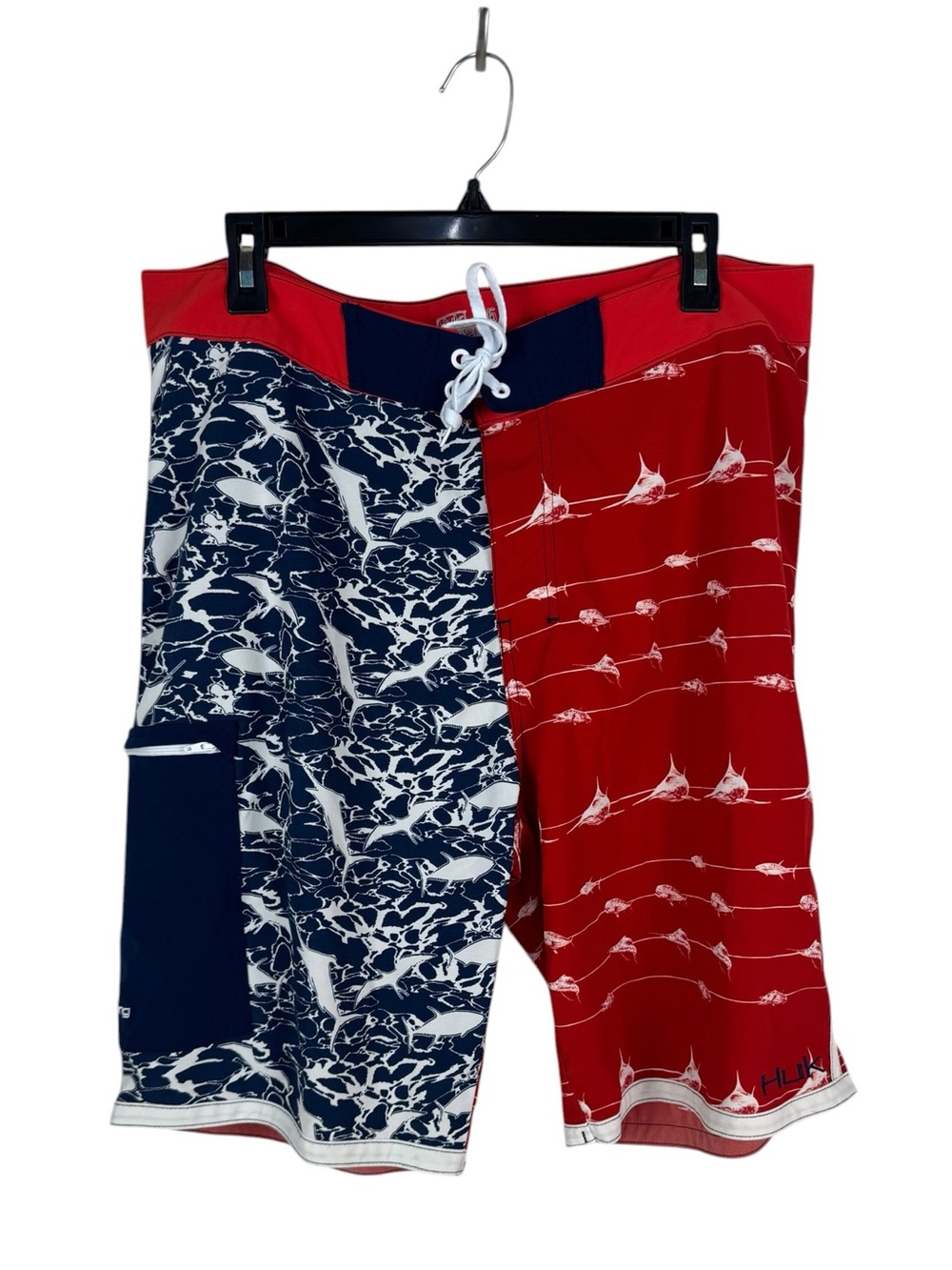 HUK Men's Board Shorts Red, White, and Blue Big Game Fish Print Size 36 EUC